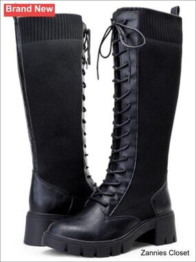 👻 Vepose Knee High Platform Chunky Heel Lace Up Combat Boots